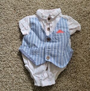 Little Lad Baby Onesie with Blue Stripes and Pink Trim